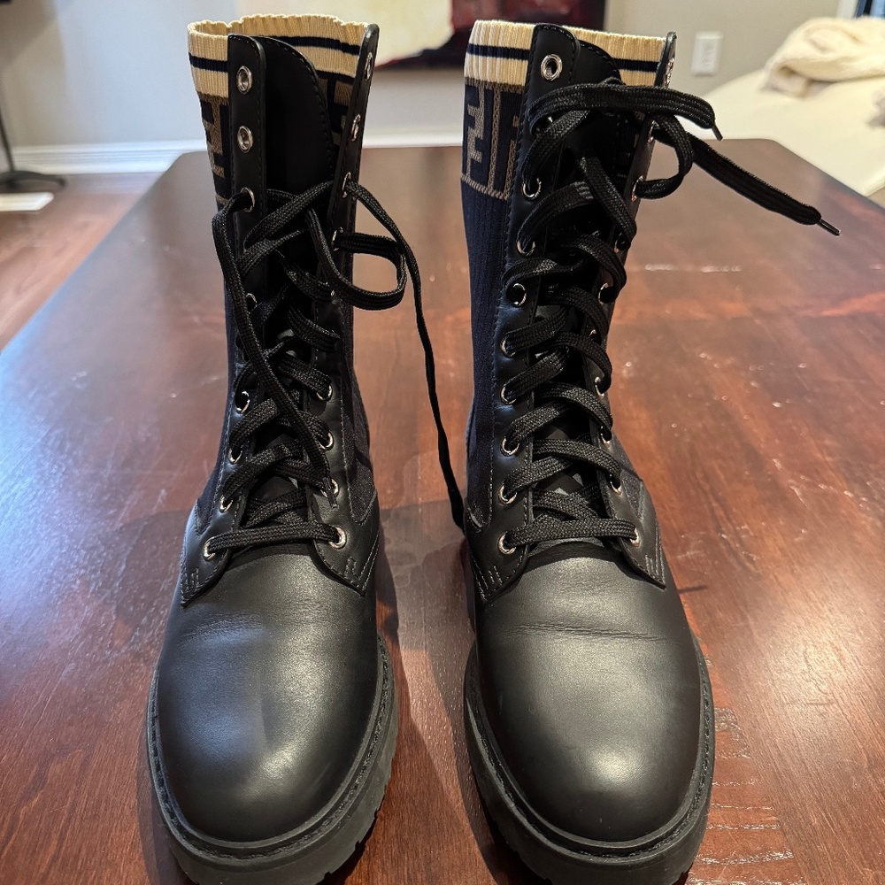 Authentic Fendi Black Leather Zucca Stretch Knit Combat Boots
